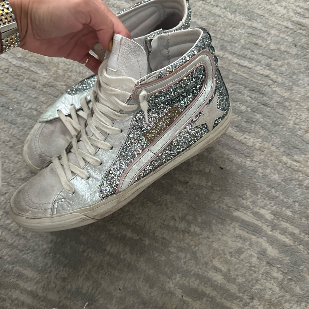 GOLDEN GOOSE 41 SILVER GLITTER HIGH TOP SNEAKERS WORN - Picture 4 of 7